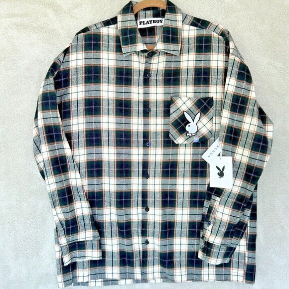 PacSun Other - Playboy PacSun Flannel Button Shirt Gray Black Rust Plaid Mens Size M Bunny